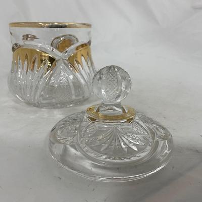 -109- Clear Glass with Gold Accents | Covered Butter Dish | Lidded Jar | Sugar & Creamer