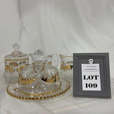 -109- Clear Glass with Gold Accents | Covered Butter Dish | Lidded Jar | Sugar & Creamer
