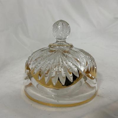 -109- Clear Glass with Gold Accents | Covered Butter Dish | Lidded Jar | Sugar & Creamer