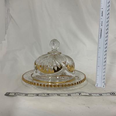 -109- Clear Glass with Gold Accents | Covered Butter Dish | Lidded Jar | Sugar & Creamer
