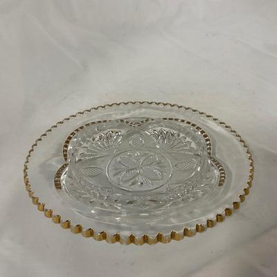 -109- Clear Glass with Gold Accents | Covered Butter Dish | Lidded Jar | Sugar & Creamer