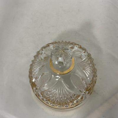 -109- Clear Glass with Gold Accents | Covered Butter Dish | Lidded Jar | Sugar & Creamer