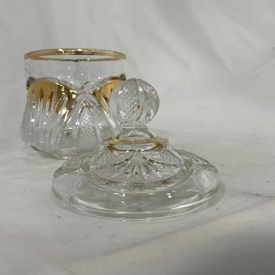 -109- Clear Glass with Gold Accents | Covered Butter Dish | Lidded Jar | Sugar & Creamer