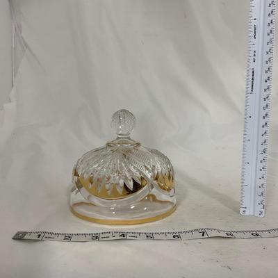 -109- Clear Glass with Gold Accents | Covered Butter Dish | Lidded Jar | Sugar & Creamer