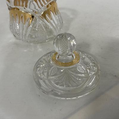 -109- Clear Glass with Gold Accents | Covered Butter Dish | Lidded Jar | Sugar & Creamer