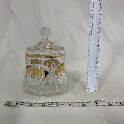 -109- Clear Glass with Gold Accents | Covered Butter Dish | Lidded Jar | Sugar & Creamer