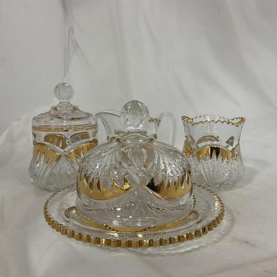 -109- Clear Glass with Gold Accents | Covered Butter Dish | Lidded Jar | Sugar & Creamer