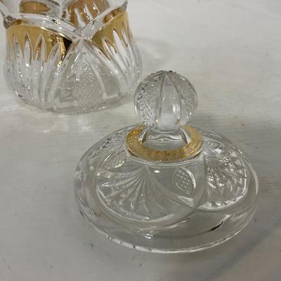 -109- Clear Glass with Gold Accents | Covered Butter Dish | Lidded Jar | Sugar & Creamer
