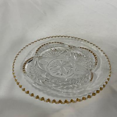 -109- Clear Glass with Gold Accents | Covered Butter Dish | Lidded Jar | Sugar & Creamer