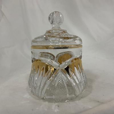 -109- Clear Glass with Gold Accents | Covered Butter Dish | Lidded Jar | Sugar & Creamer