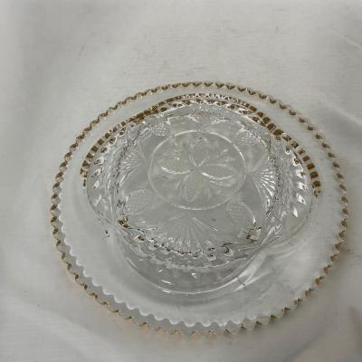 -109- Clear Glass with Gold Accents | Covered Butter Dish | Lidded Jar | Sugar & Creamer