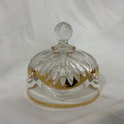 -109- Clear Glass with Gold Accents | Covered Butter Dish | Lidded Jar | Sugar & Creamer