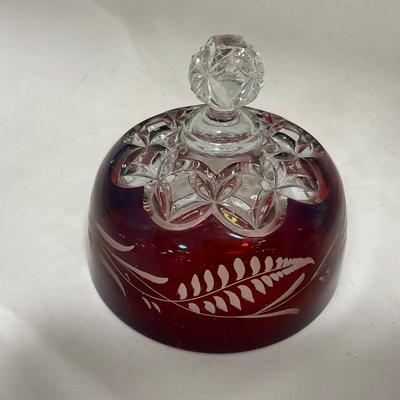 -110- Ruby Red & Clear Glass | Etched | Covered Butter Dish | Lidded Sugar & Creamer