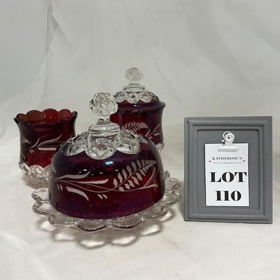-110- Ruby Red & Clear Glass | Etched | Covered Butter Dish | Lidded Sugar & Creamer
