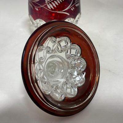-110- Ruby Red & Clear Glass | Etched | Covered Butter Dish | Lidded Sugar & Creamer