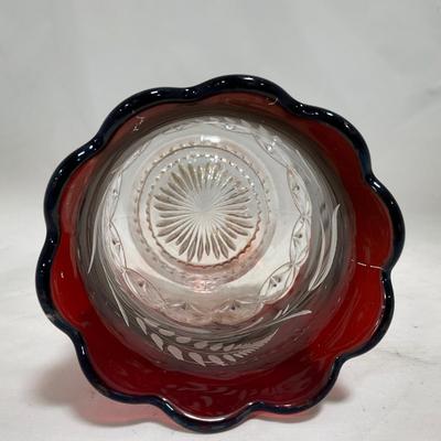 -110- Ruby Red & Clear Glass | Etched | Covered Butter Dish | Lidded Sugar & Creamer