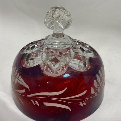 -110- Ruby Red & Clear Glass | Etched | Covered Butter Dish | Lidded Sugar & Creamer