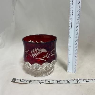 -110- Ruby Red & Clear Glass | Etched | Covered Butter Dish | Lidded Sugar & Creamer