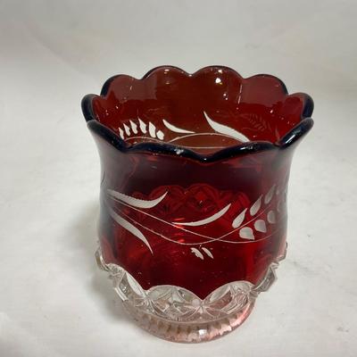 -110- Ruby Red & Clear Glass | Etched | Covered Butter Dish | Lidded Sugar & Creamer