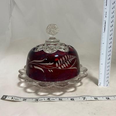 -110- Ruby Red & Clear Glass | Etched | Covered Butter Dish | Lidded Sugar & Creamer