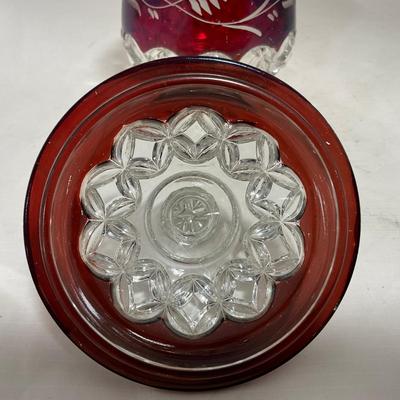 -110- Ruby Red & Clear Glass | Etched | Covered Butter Dish | Lidded Sugar & Creamer