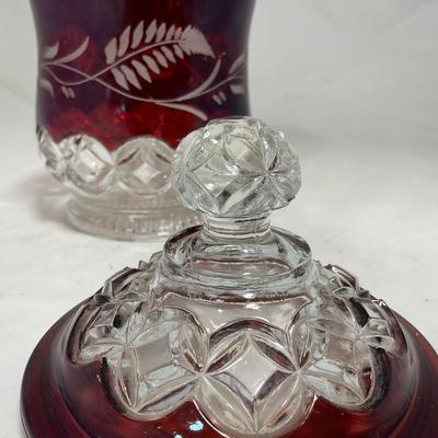 -110- Ruby Red & Clear Glass | Etched | Covered Butter Dish | Lidded Sugar & Creamer