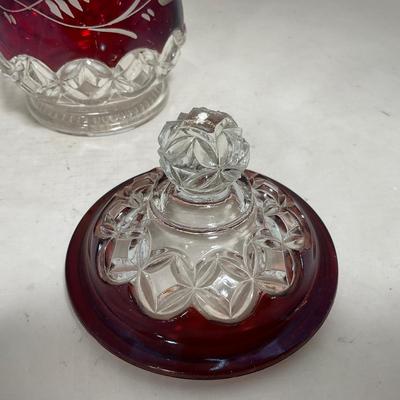 -110- Ruby Red & Clear Glass | Etched | Covered Butter Dish | Lidded Sugar & Creamer