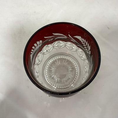 -110- Ruby Red & Clear Glass | Etched | Covered Butter Dish | Lidded Sugar & Creamer