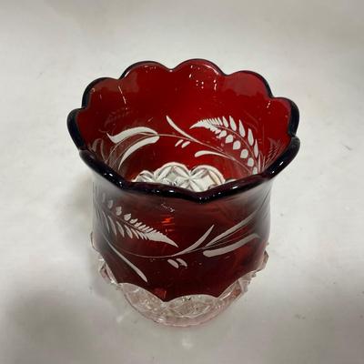 -110- Ruby Red & Clear Glass | Etched | Covered Butter Dish | Lidded Sugar & Creamer