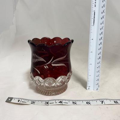 -110- Ruby Red & Clear Glass | Etched | Covered Butter Dish | Lidded Sugar & Creamer