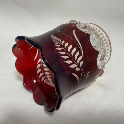 -110- Ruby Red & Clear Glass | Etched | Covered Butter Dish | Lidded Sugar & Creamer