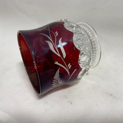 -110- Ruby Red & Clear Glass | Etched | Covered Butter Dish | Lidded Sugar & Creamer