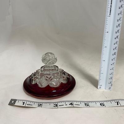 -110- Ruby Red & Clear Glass | Etched | Covered Butter Dish | Lidded Sugar & Creamer