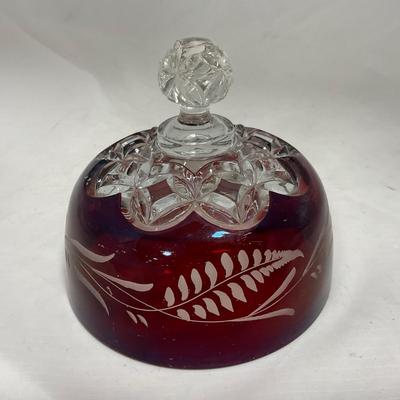 -110- Ruby Red & Clear Glass | Etched | Covered Butter Dish | Lidded Sugar & Creamer