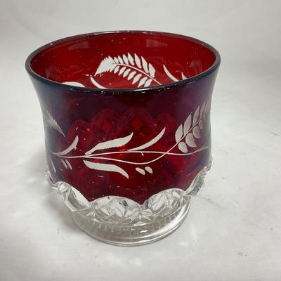 -110- Ruby Red & Clear Glass | Etched | Covered Butter Dish | Lidded Sugar & Creamer