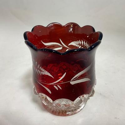 -110- Ruby Red & Clear Glass | Etched | Covered Butter Dish | Lidded Sugar & Creamer