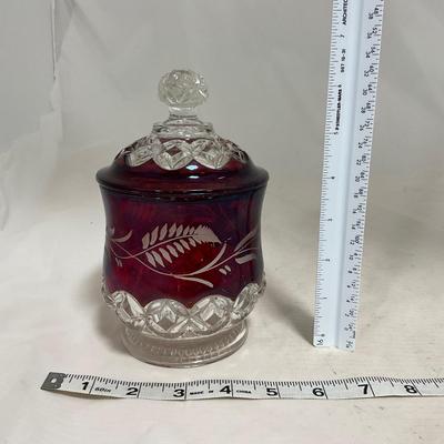 -110- Ruby Red & Clear Glass | Etched | Covered Butter Dish | Lidded Sugar & Creamer
