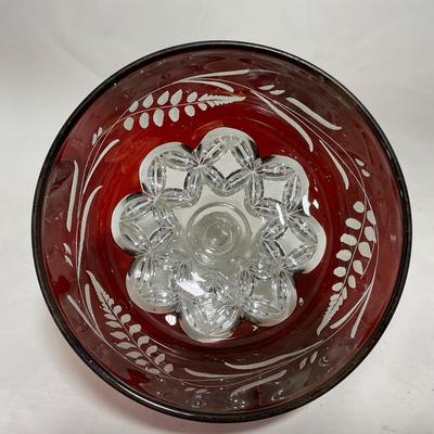 -110- Ruby Red & Clear Glass | Etched | Covered Butter Dish | Lidded Sugar & Creamer