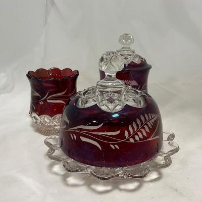 -110- Ruby Red & Clear Glass | Etched | Covered Butter Dish | Lidded Sugar & Creamer