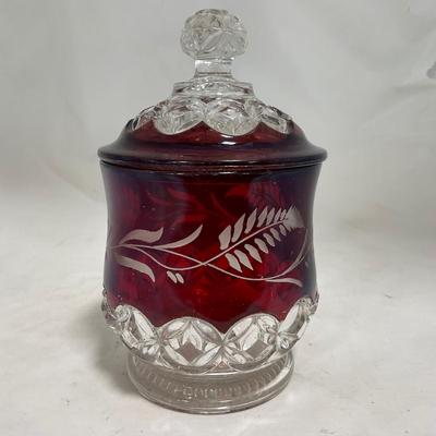 -110- Ruby Red & Clear Glass | Etched | Covered Butter Dish | Lidded Sugar & Creamer
