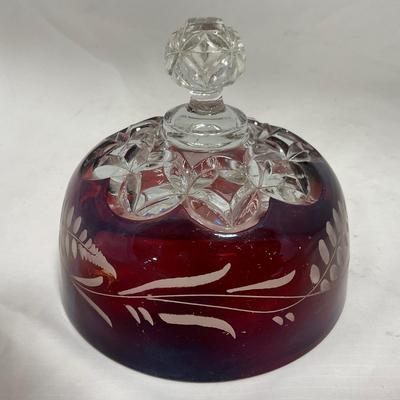 -110- Ruby Red & Clear Glass | Etched | Covered Butter Dish | Lidded Sugar & Creamer