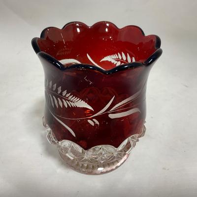 -110- Ruby Red & Clear Glass | Etched | Covered Butter Dish | Lidded Sugar & Creamer
