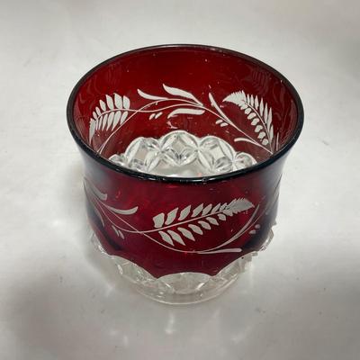 -110- Ruby Red & Clear Glass | Etched | Covered Butter Dish | Lidded Sugar & Creamer