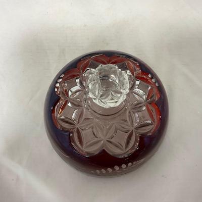 -110- Ruby Red & Clear Glass | Etched | Covered Butter Dish | Lidded Sugar & Creamer