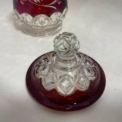 -110- Ruby Red & Clear Glass | Etched | Covered Butter Dish | Lidded Sugar & Creamer