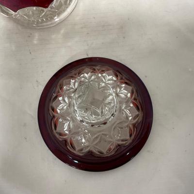 -110- Ruby Red & Clear Glass | Etched | Covered Butter Dish | Lidded Sugar & Creamer