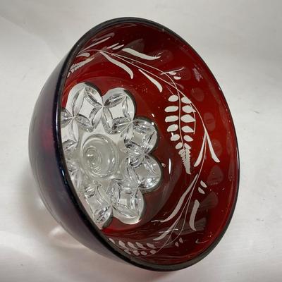 -110- Ruby Red & Clear Glass | Etched | Covered Butter Dish | Lidded Sugar & Creamer