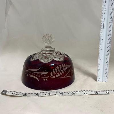 -110- Ruby Red & Clear Glass | Etched | Covered Butter Dish | Lidded Sugar & Creamer
