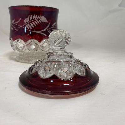 -110- Ruby Red & Clear Glass | Etched | Covered Butter Dish | Lidded Sugar & Creamer