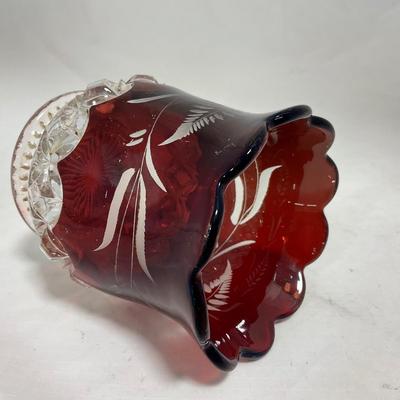 -110- Ruby Red & Clear Glass | Etched | Covered Butter Dish | Lidded Sugar & Creamer